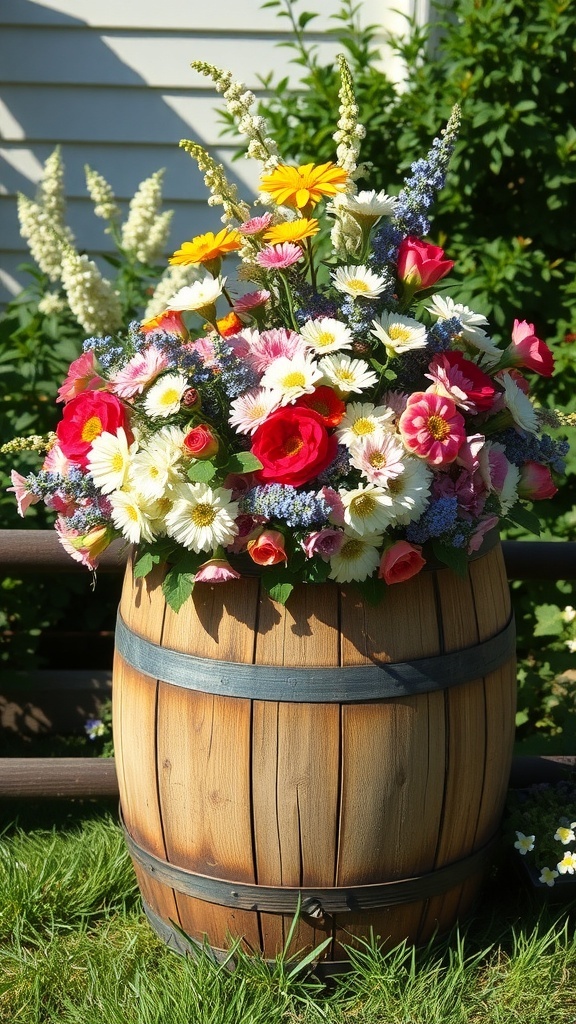 A wooden barrel planter filled with colorful flowers in a garden setting.