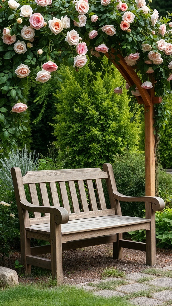 A rustic wooden bench under a flowering arbor with pink roses.