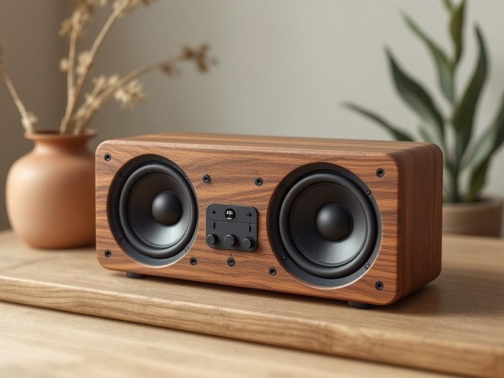 A wooden Bluetooth speaker housing with two speakers and control buttons, placed on a wooden surface with a vase and plant in the background.