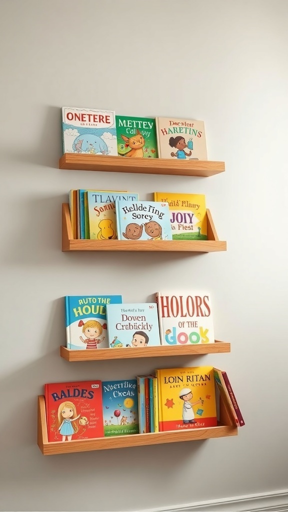 Wooden book ledges displaying colorful children's books