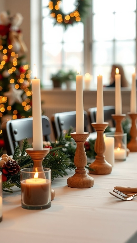 A table set with wooden candle holders and candles, surrounded by festive decorations.