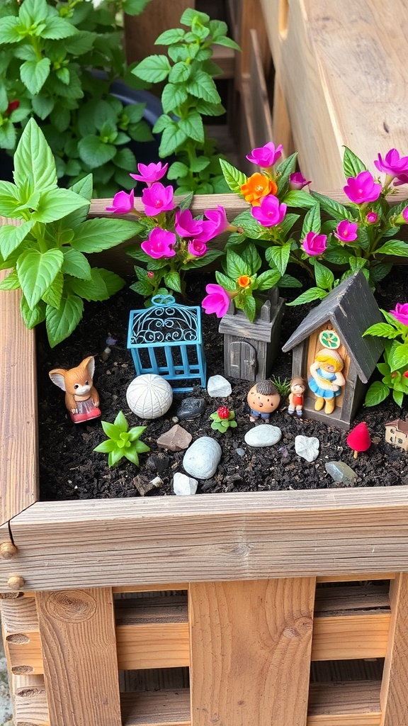 A wooden crate filled with colorful flowers and tiny fairy garden figurines, including a fox and small houses.