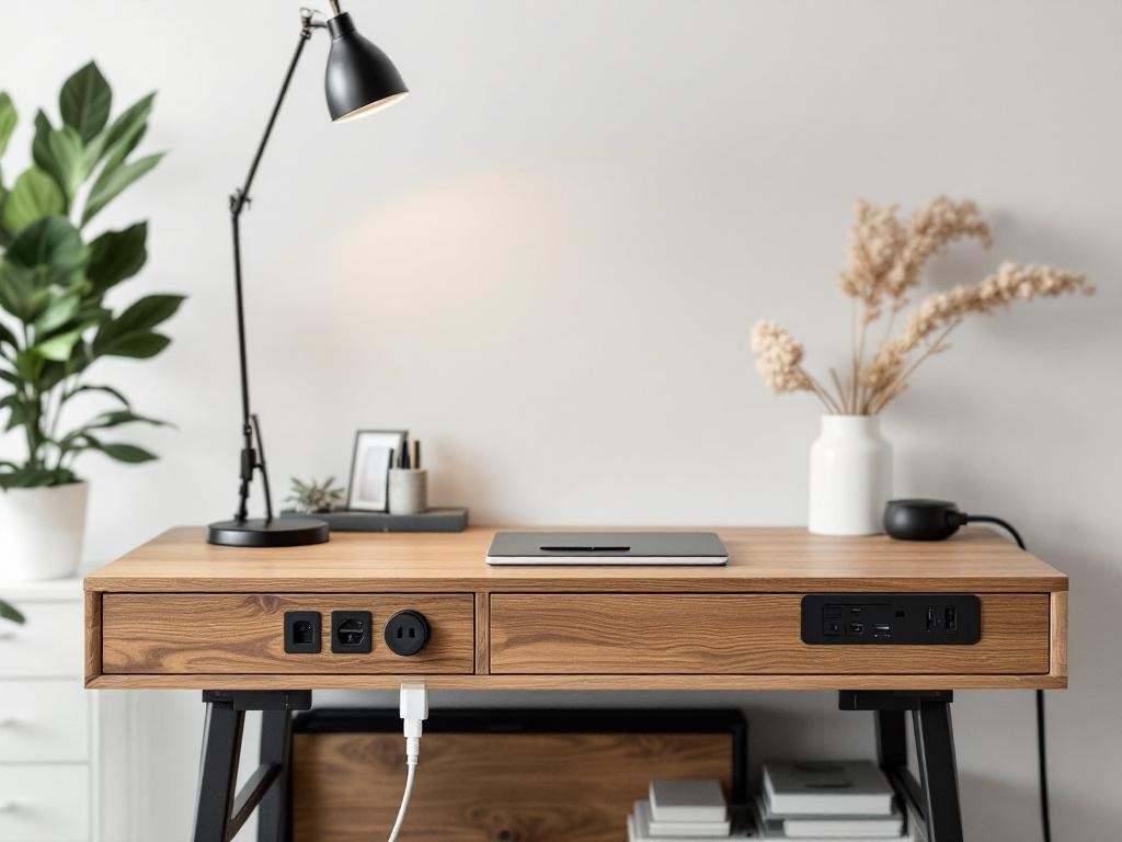 A modern wooden desk featuring integrated power outlets, a lamp, and decorative elements.