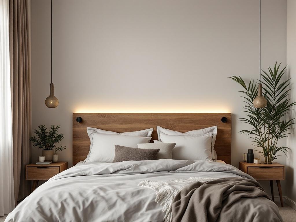 A modern wooden headboard with built-in LED lighting, featuring a cozy bed setup with pillows and blankets.