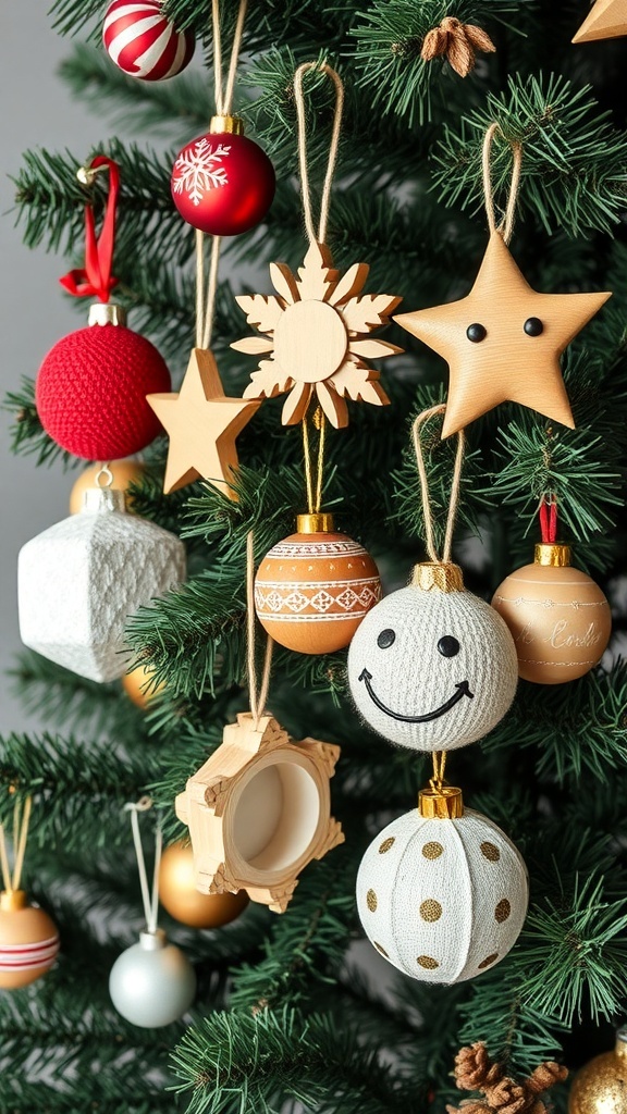 Colorful wooden and fabric baubles hanging on a Christmas tree.