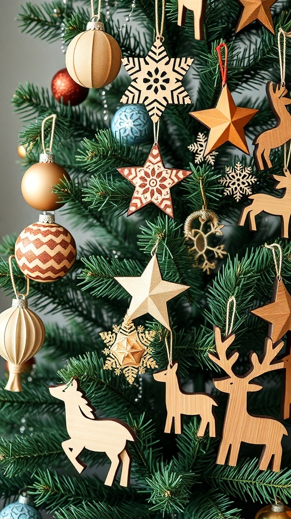 A Christmas tree adorned with various wooden ornaments, including stars, reindeer, and snowflakes, alongside colorful baubles.