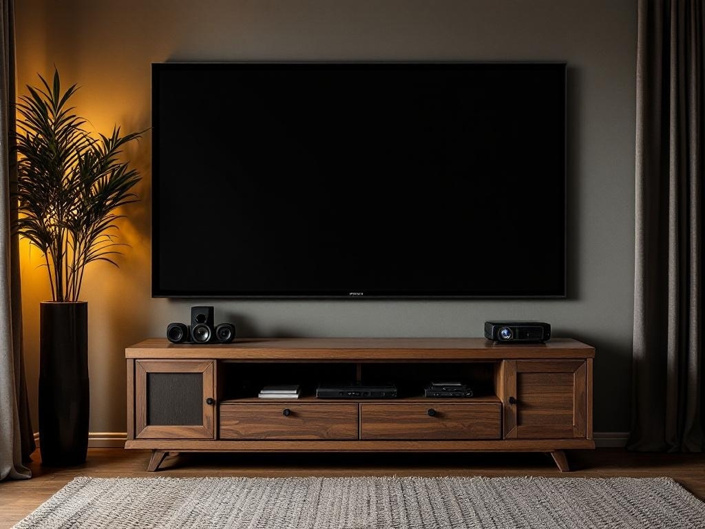 A wooden projector stand with a projector and speakers, set in a cozy living room.