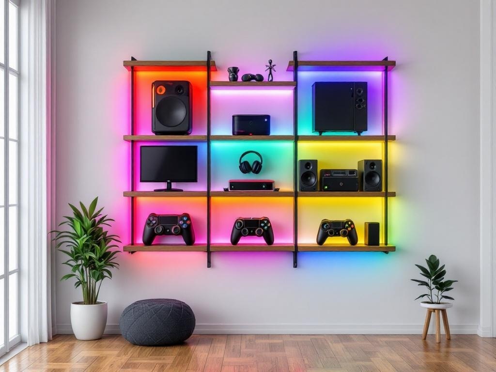 A wooden RGB gaming wall grid displaying gaming equipment with colorful LED lights.