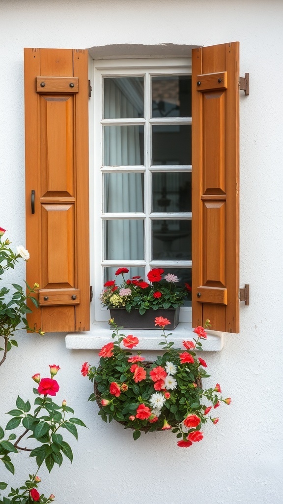 A window with open wooden shutters and colorful flowers in a planter