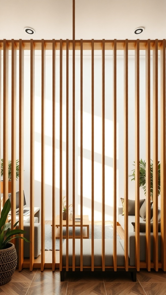 Wooden slat dividers in a modern living room, creating a warm and inviting atmosphere while allowing light to filter through.