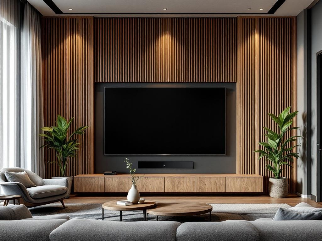 Modern living room featuring wooden sound diffuser panels behind a television, enhancing acoustics and decor.