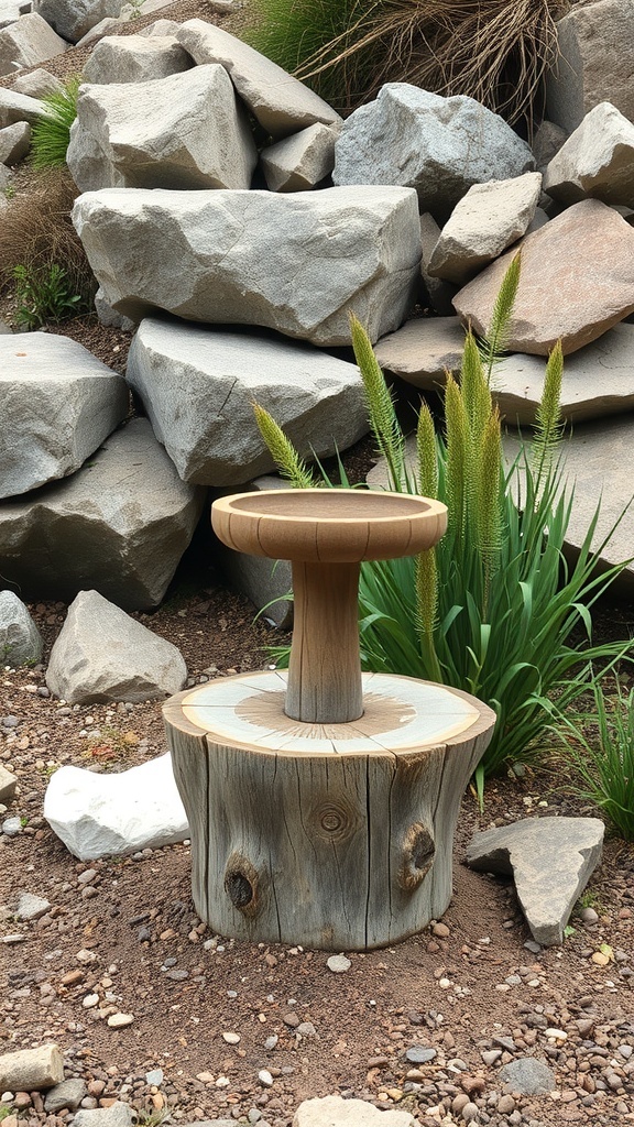 Wooden stump bird bath surrounded by rocks and greenery