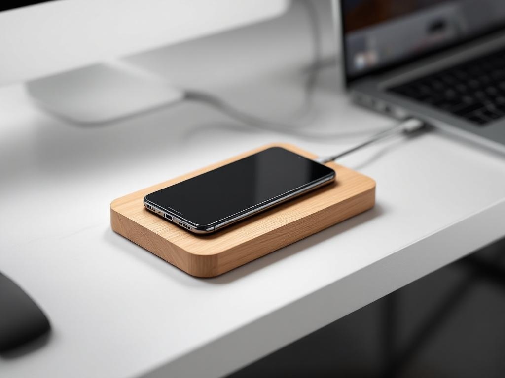 A wooden wireless charging station with a smartphone on it, placed on a modern desk.