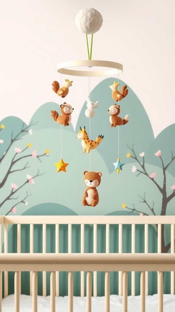 Woodland animal mobile featuring plush animals and stars, hanging above a crib in a nursery.