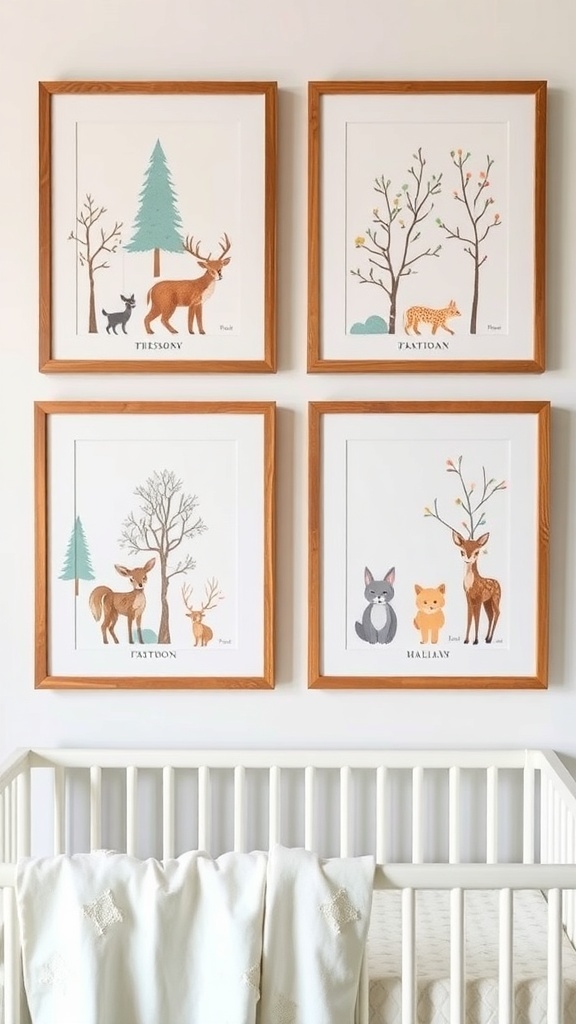 Four woodland animal prints in natural wood frames on a nursery wall.