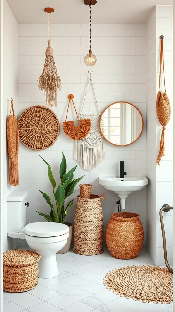 A cozy bathroom featuring woven accents, earthy tones, and plants.