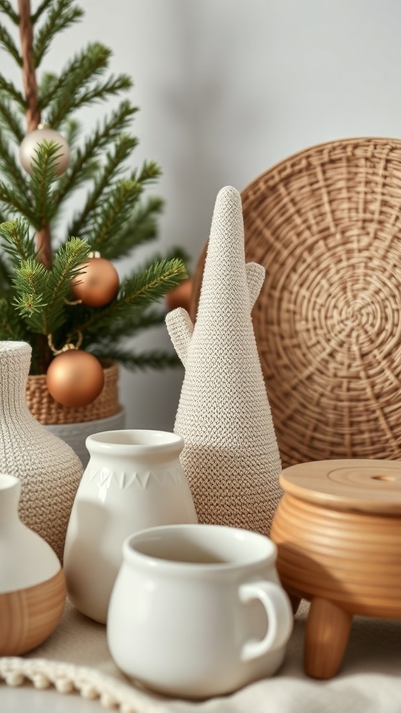 A cozy arrangement of woven and ceramic decor elements, featuring a small Christmas tree, neutral-toned ceramic vases, and a woven basket.