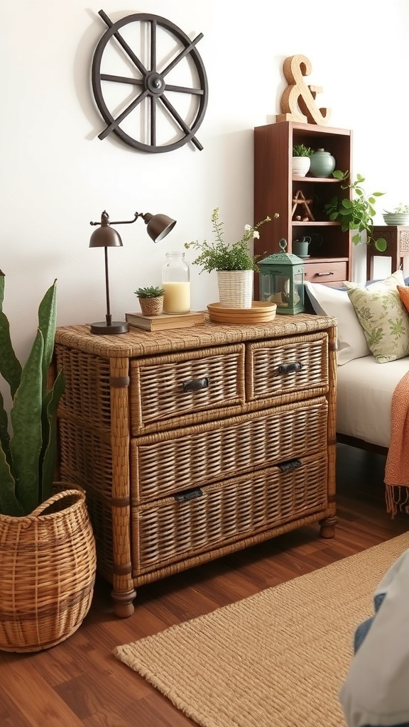 A woven basket drawer unit with natural texture, surrounded by plants and decorative items.