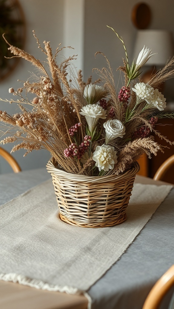 A woven basket filled with dried flowers on a dining table