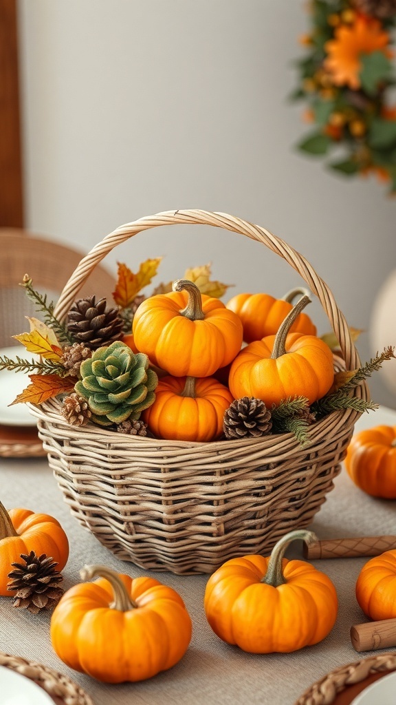 A woven basket filled with orange pumpkins, pinecones, and autumn leaves, surrounded by smaller pumpkins on a table.