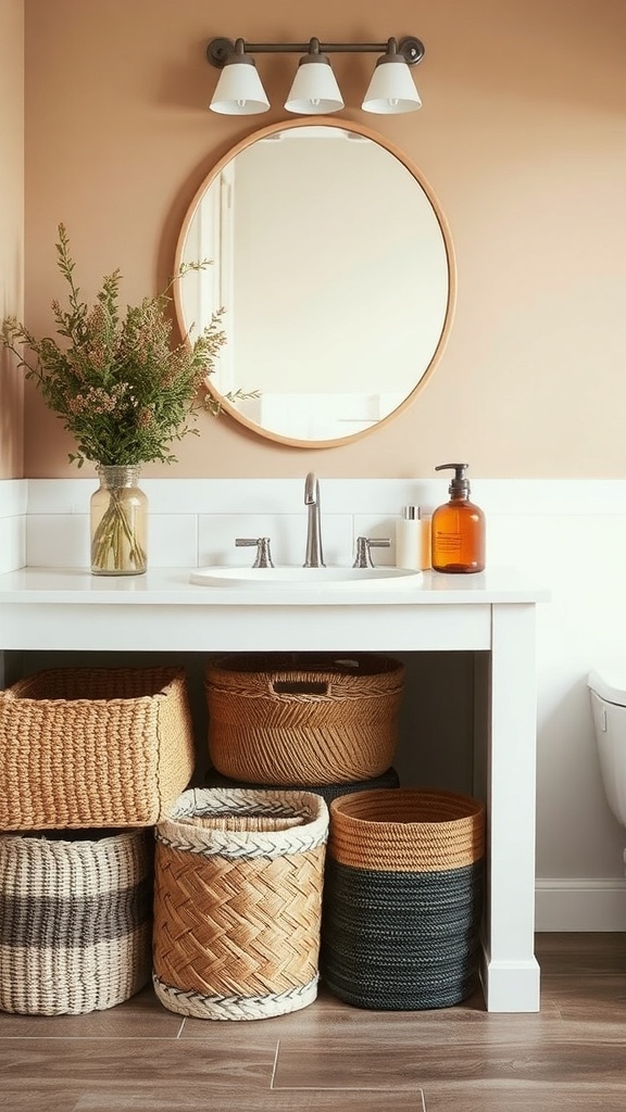 A bathroom vanity with woven baskets underneath for stylish storage.