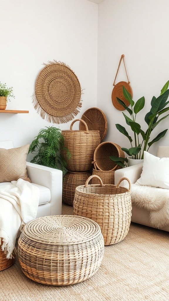 A cozy living room featuring various woven baskets, showcasing texture and warmth.