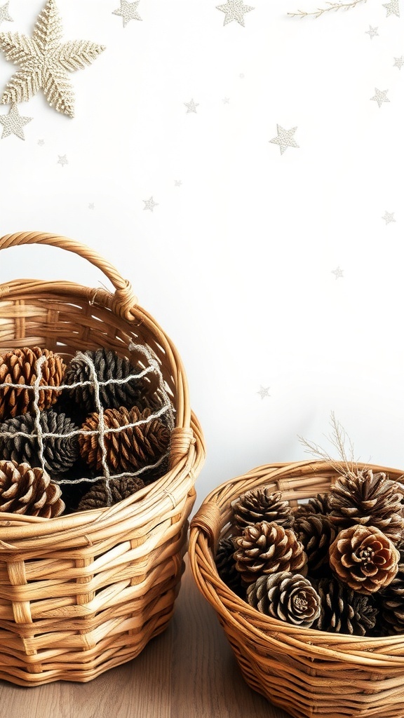 Two woven baskets filled with pinecones, one larger and one smaller, set against a light background with decorative stars.