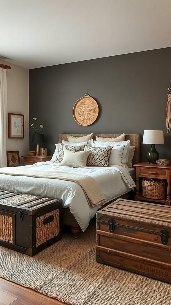 A cozy dark boho bedroom featuring woven storage baskets and trunks at the foot of the bed.