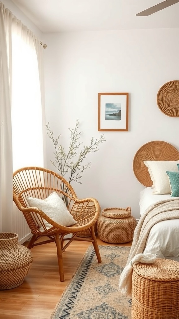 A cozy bedroom featuring woven textures with a rattan chair, woven baskets, and soft bedding.