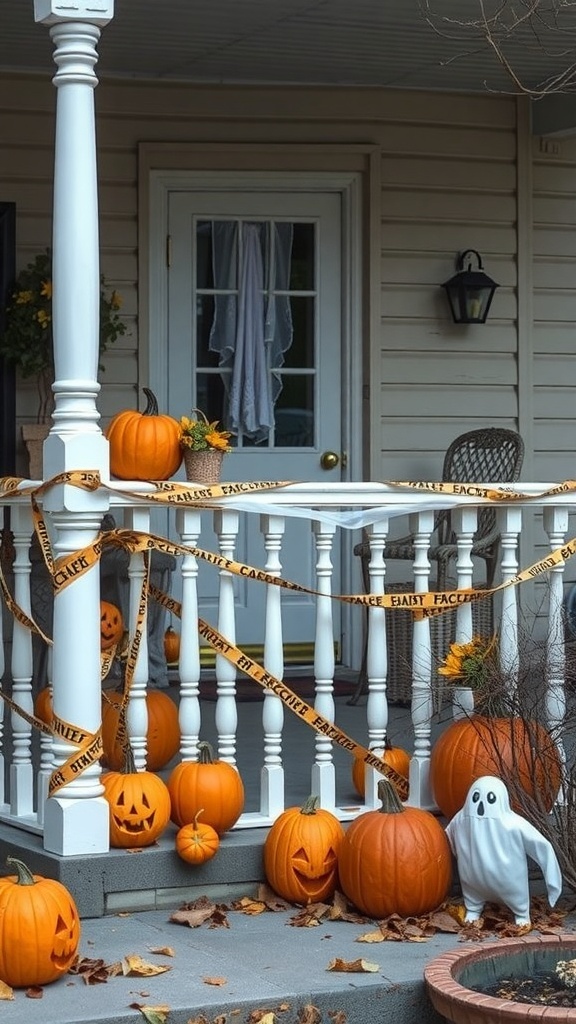 A porch decorated with Halloween fright tape wrapped around the railings, surrounded by pumpkins and a ghost figure.