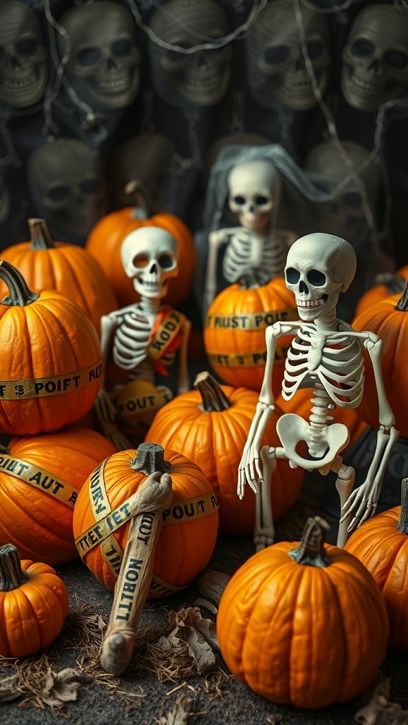 Halloween display with pumpkins wrapped in fright tape and skeletons.