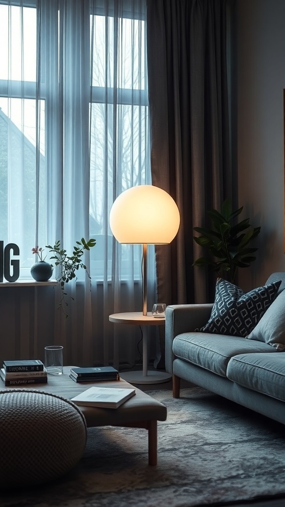 A cozy living room with a ghost reading book lamp, featuring a soft glow and stylish decor.