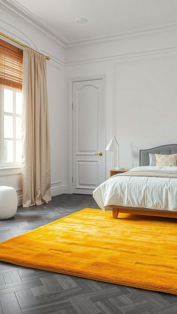 A bright yellow rug on gray flooring in a stylish bedroom