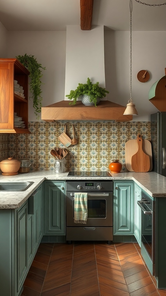 A kitchen featuring a vibrant zellige tile backsplash with intricate patterns, complemented by green cabinetry and wooden accents.
