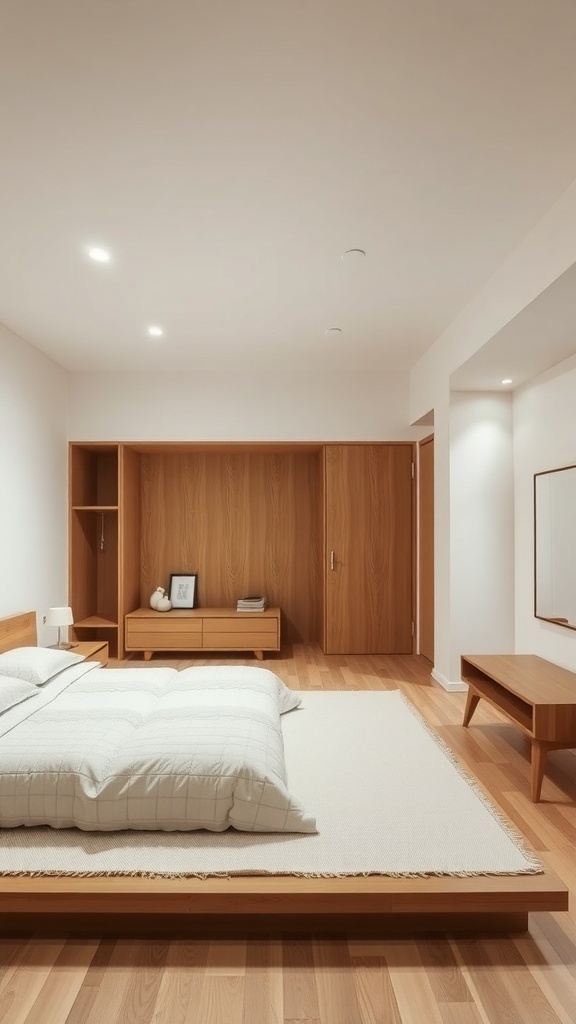 A minimalist bedroom featuring light wood furniture, a low-profile bed, and a serene color palette, embodying the Zen Japandi design style.