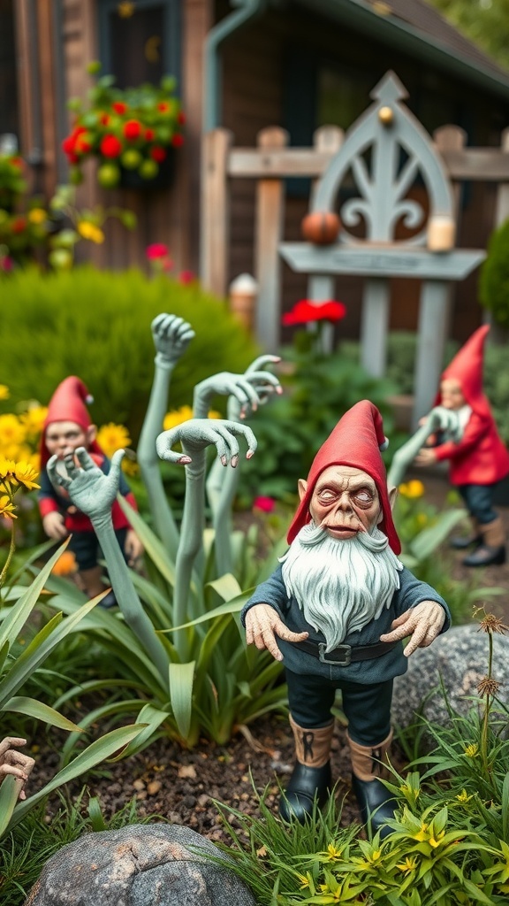 A spooky garden featuring zombie gnomes and zombie arms reaching from the ground.