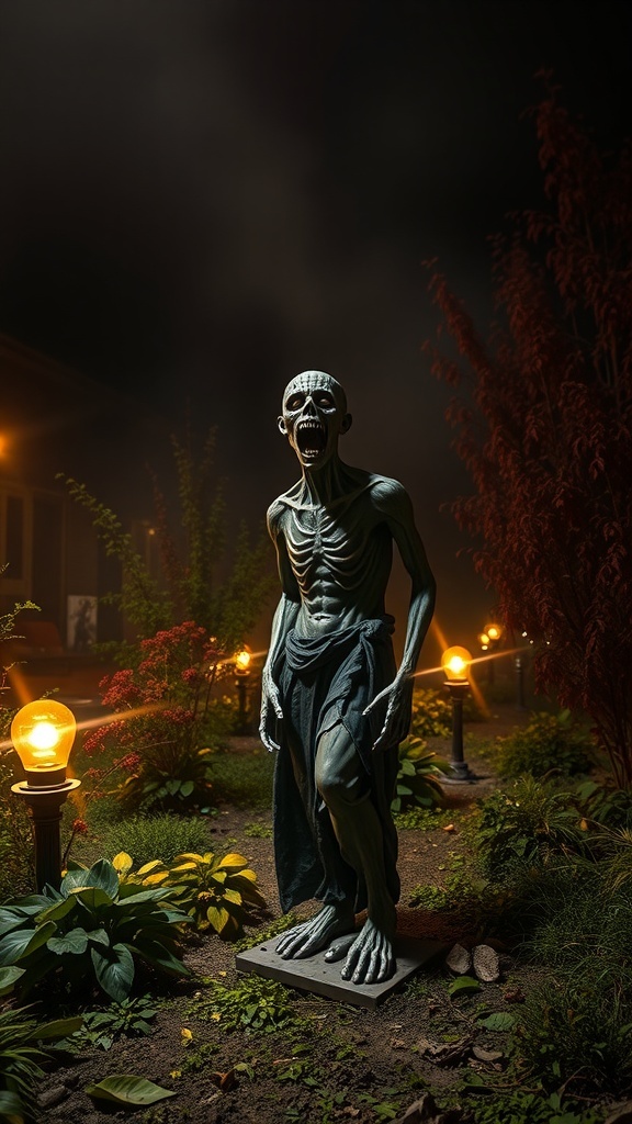 A spooky zombie garden statue standing in a dimly lit garden surrounded by plants and lanterns.