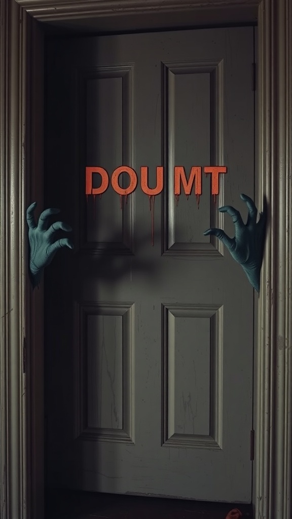 A door with zombie hands reaching out from the sides and the words 'DOU MT' in red dripping letters.