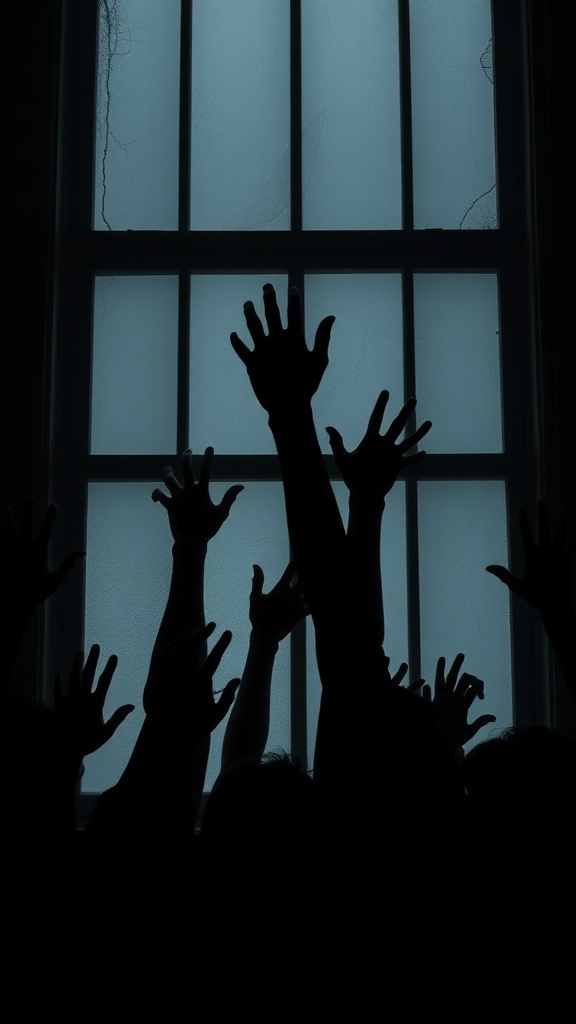 Silhouette of hands reaching towards a window, creating a spooky zombie effect.