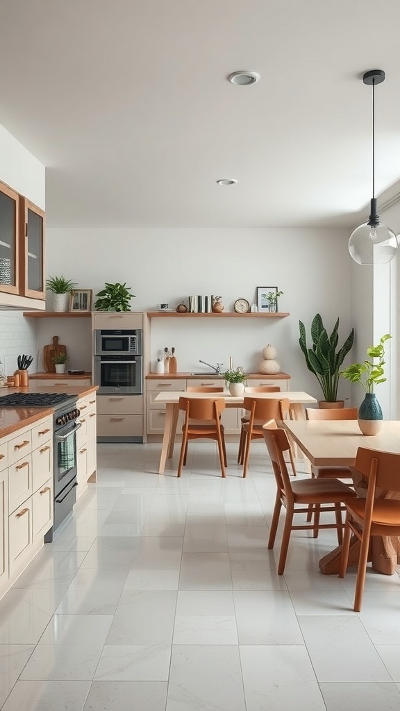 A modern kitchen-dining area featuring a central island, wooden dining table, and warm decor.