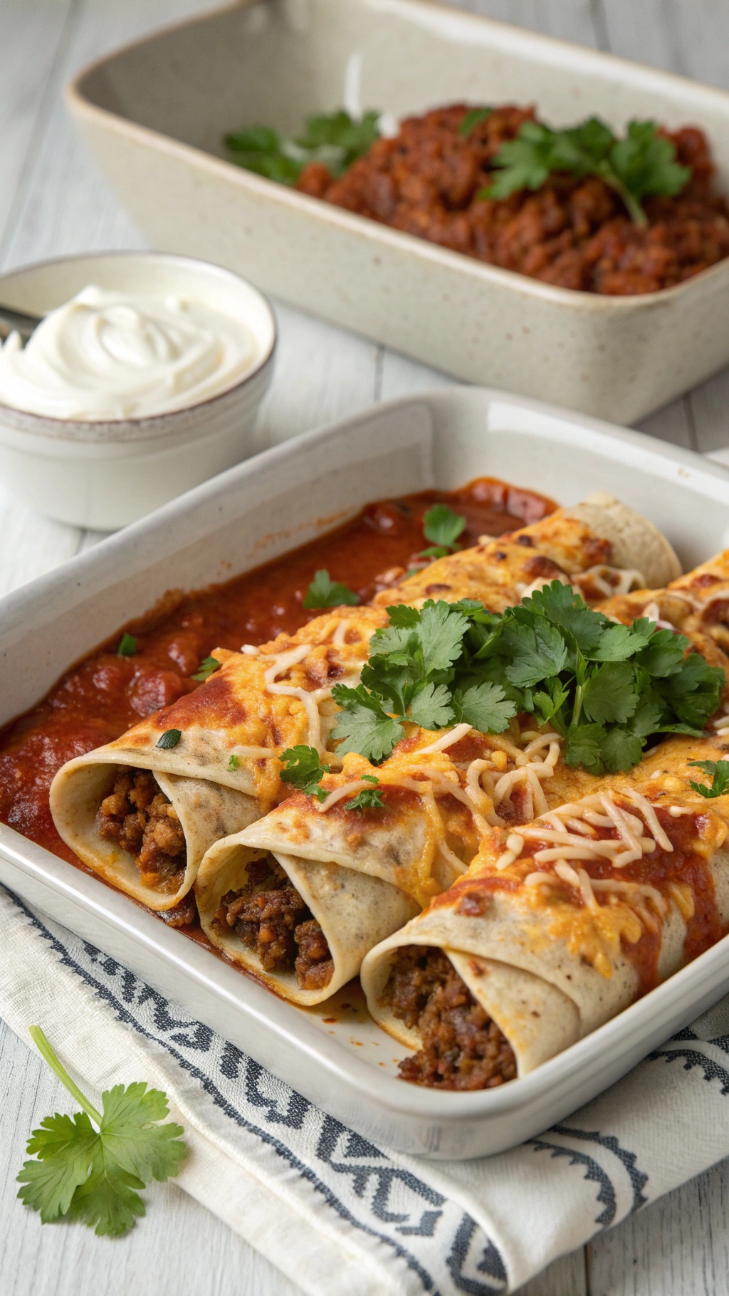 A plate of beef enchiladas topped with cheese and cilantro, served with sour cream.