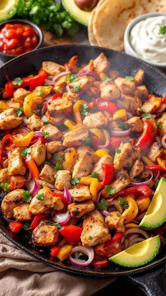 A colorful plate of chicken fajitas with bell peppers and onions, garnished with cilantro and served with tortillas.