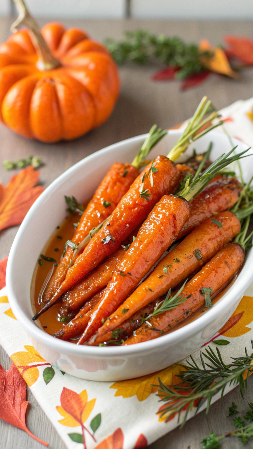 A bowl of honey glazed carrots with fresh herbs, surrounded by autumn leaves and a pumpkin.
