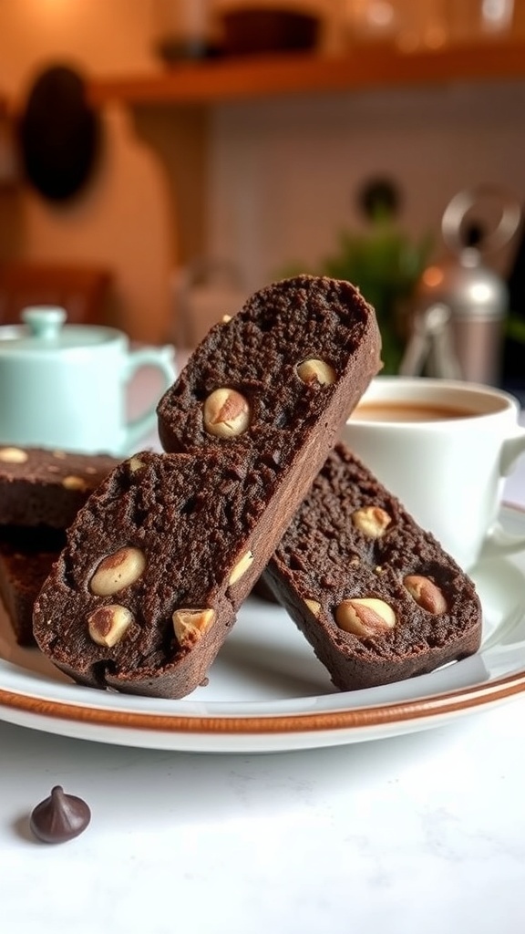 A plate of chocolate hazelnut biscotti with coffee, showcasing their crunchy texture and hazelnut pieces.