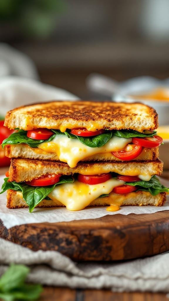 A veggie-packed grilled cheese sandwich with melted cheese, spinach, tomato, and bell peppers, served on a wooden board.