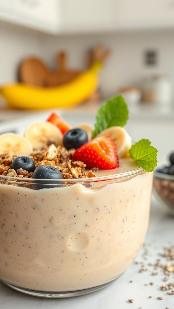 A delicious banana nut smoothie bowl topped with granola, sliced bananas, and berries, presented in a colorful dish.