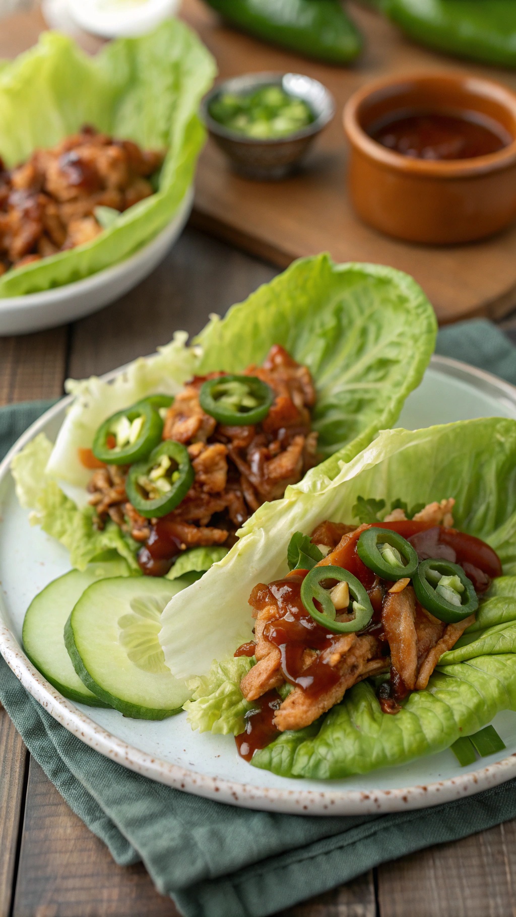 Barbecue chicken lettuce wraps filled with shredded chicken and garnished with green onions and jalapeños on a wooden table.