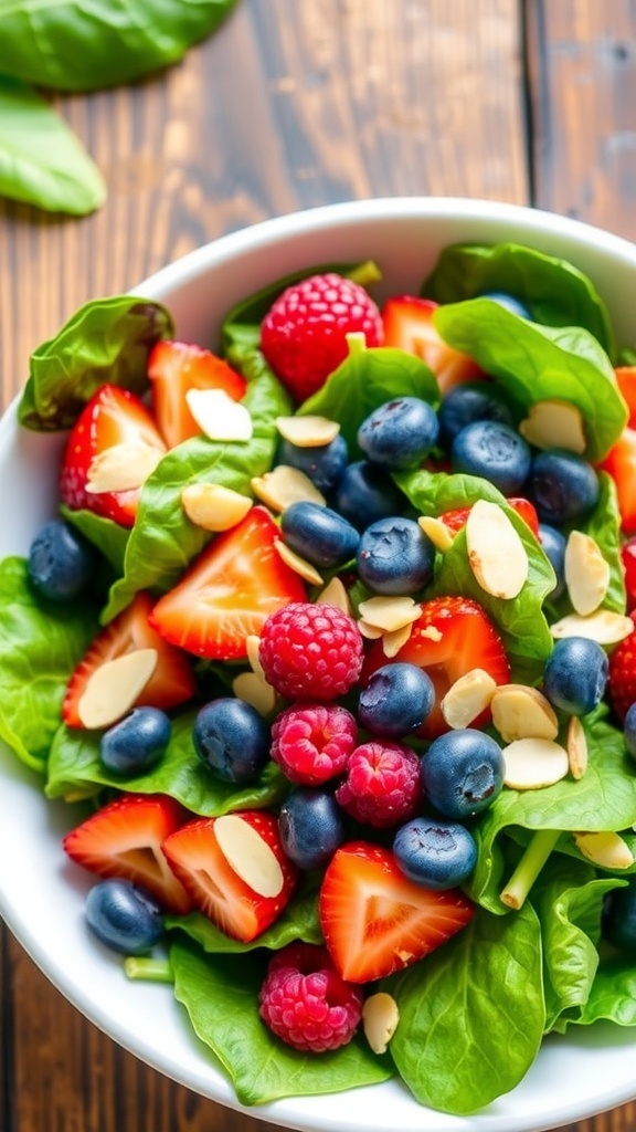 A colorful berry and spinach salad with strawberries, blueberries, raspberries, and almonds on a wooden table.