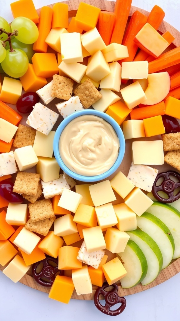 A kid-friendly cheese board with cheese cubes, fruits, crackers, and dips on a wooden platter.
