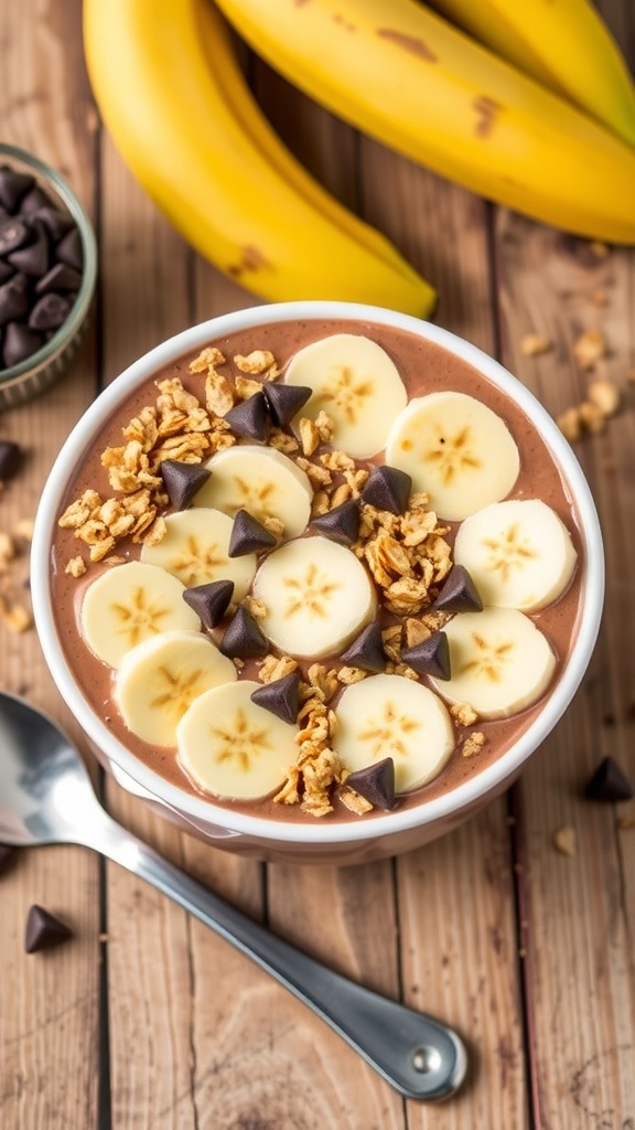Chocolate Peanut Butter Smoothie Bowl Recipe A chocolate peanut butter smoothie bowl topped with bananas, granola, and chocolate chips on a wooden table.